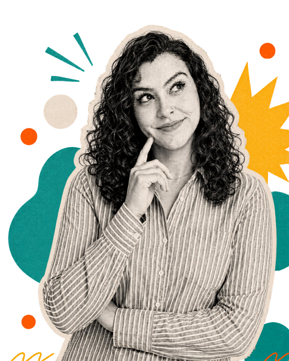 Retrato de Diandra Arbia em halftone preto e branco com recorte de colagem
